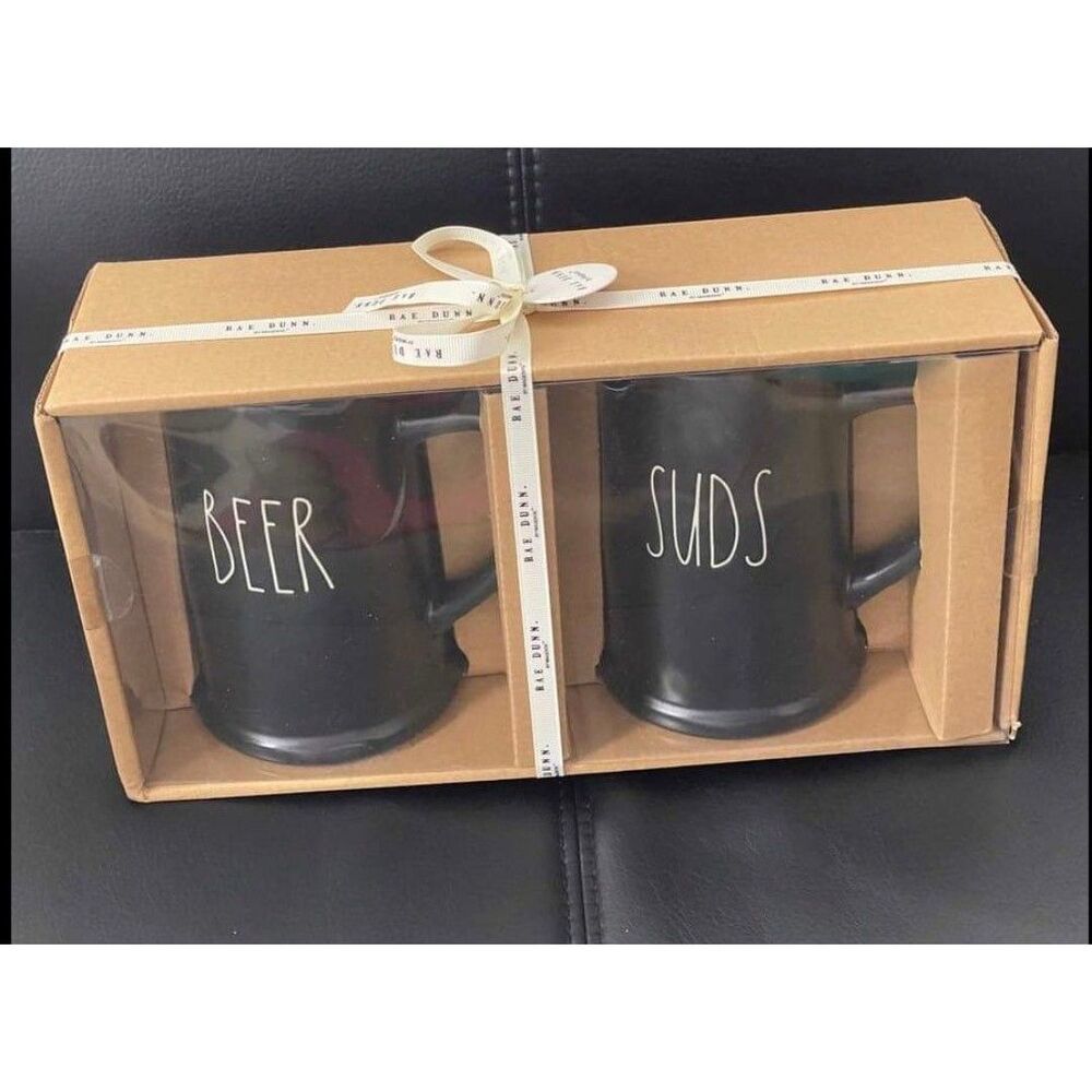 Rae Dunn Beer Mugs, blacks mugs in gift box